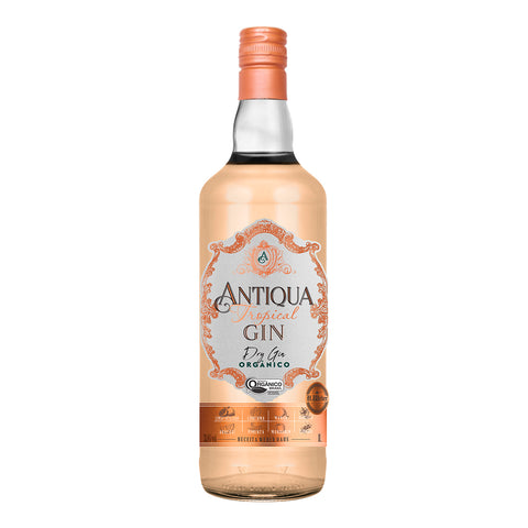 Garrafa de Dry Gin Antiqua Tropical 1000ml, gin orgânico com frutas tropicais e especiarias.