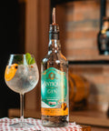 Garrafa de Gin Antiqua Botanic acompanhada de drink.