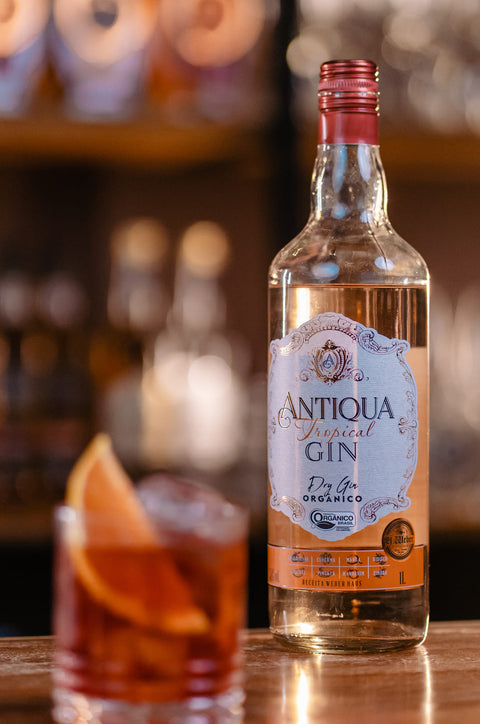 Garrafa de Gin Antiqua Tropical 1000ml servido em um drink.