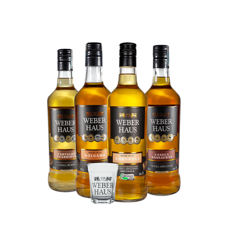 Combo 4 Cachaça Weber Haus, Madeiras Únicas, 700ml com 1 Copo de Shot