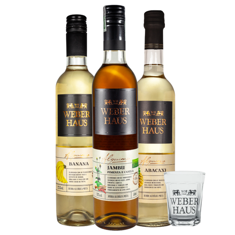 3 rótulos de Bebida Mista da Weber Haus com um copo dose