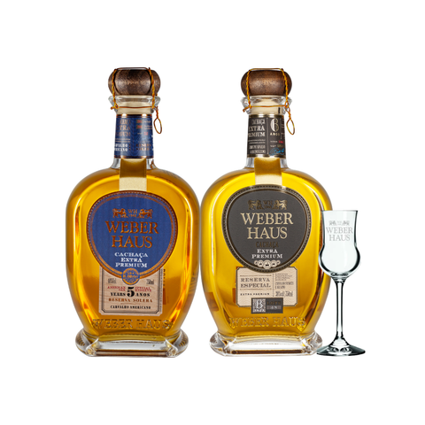 Combo de Cachaça Extra Premium 6 anos e 5 anos com taça alambique