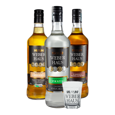 Combo Cachaça Prata, Amburana, Canela Sassafrás e Copo Americano Weber Haus