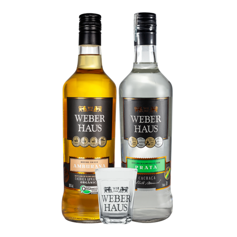 O Combo Cachaça Prata, Amburana e Copo Martelinho Americano Weber Haus