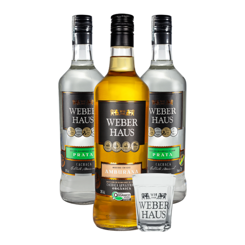 Combo duas Cachaças Prata, Cachaça Amburana e Copo Martelinho Americano Weber Haus