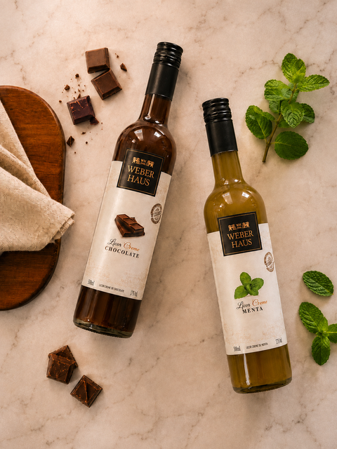 Foto ambientada com dois licores, de chocolate e menta