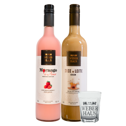 Combo Licor Morango do Amor, um Licor Doce de Leite e Copo Martelinho Americano