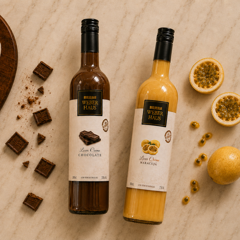 Foto ambientada de dois licores, maracujá e chocolate sobre um balcão