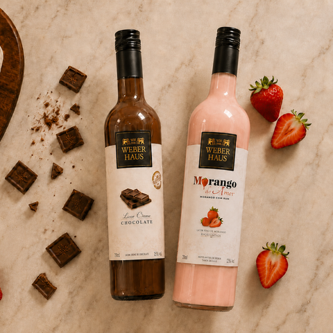 Foto ambientada com dois licores, chocolate e morango sobre um balcão