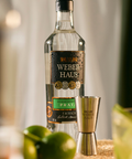 Garrafa com utensílios para fazer um drink  ao redor